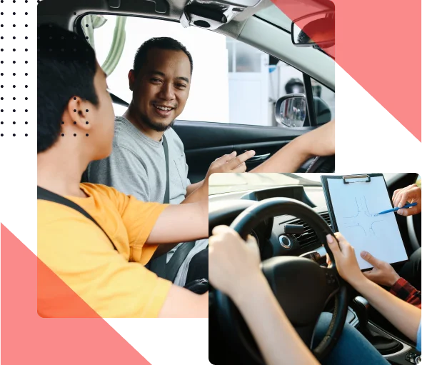 Two people in a car, one in driver's seat holding a steering wheel and the other holding a clipboard. driving school ajax
